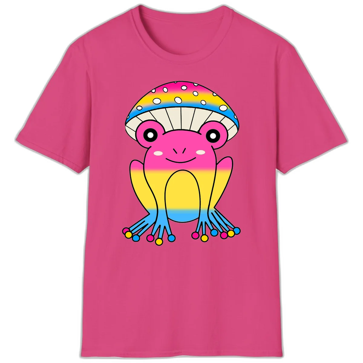 Smiling rainbow jellyfish character with magenta body, gradient stripes, large eyes, and colorful polka-dot tentacles in Heliconia