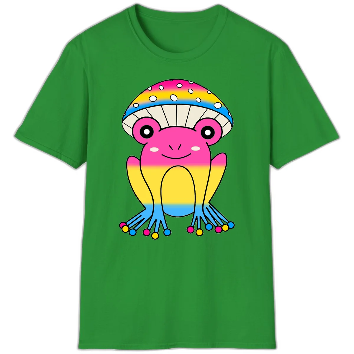 Smiling rainbow jellyfish character with magenta body, gradient stripes, large eyes, and colorful polka-dot tentacles in Irish Green