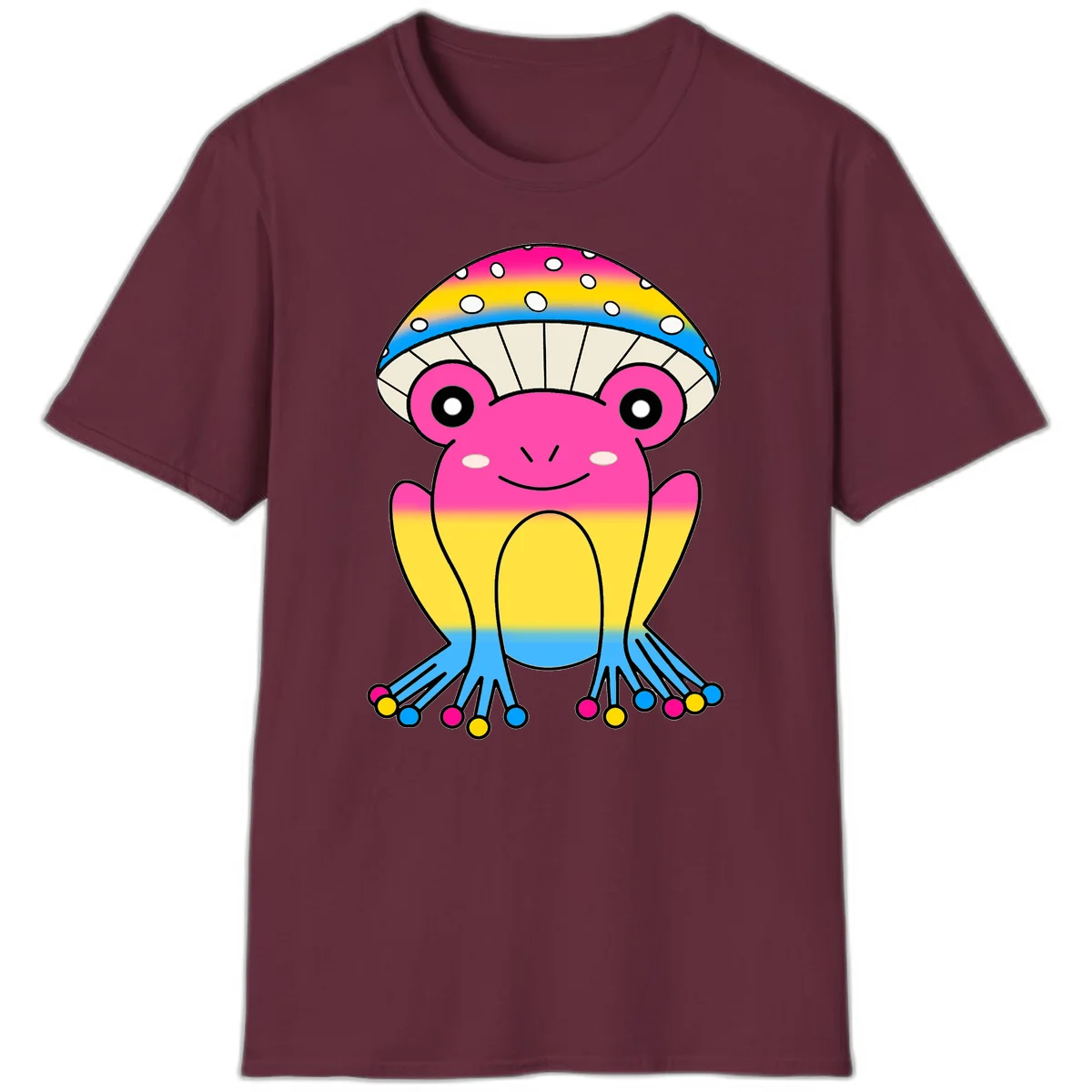Smiling rainbow jellyfish character with magenta body, gradient stripes, large eyes, and colorful polka-dot tentacles in Maroon
