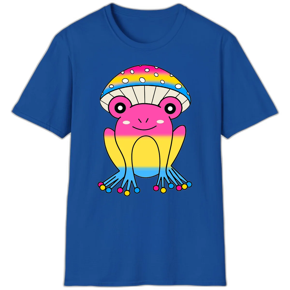 Smiling rainbow jellyfish character with magenta body, gradient stripes, large eyes, and colorful polka-dot tentacles in Royal