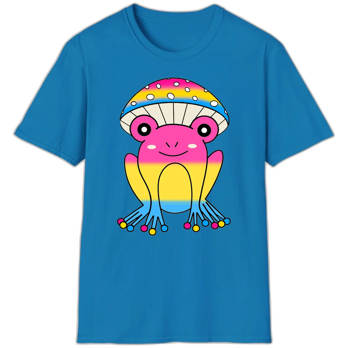 Smiling rainbow jellyfish character with magenta body, gradient stripes, large eyes, and colorful polka-dot tentacles in Sapphire