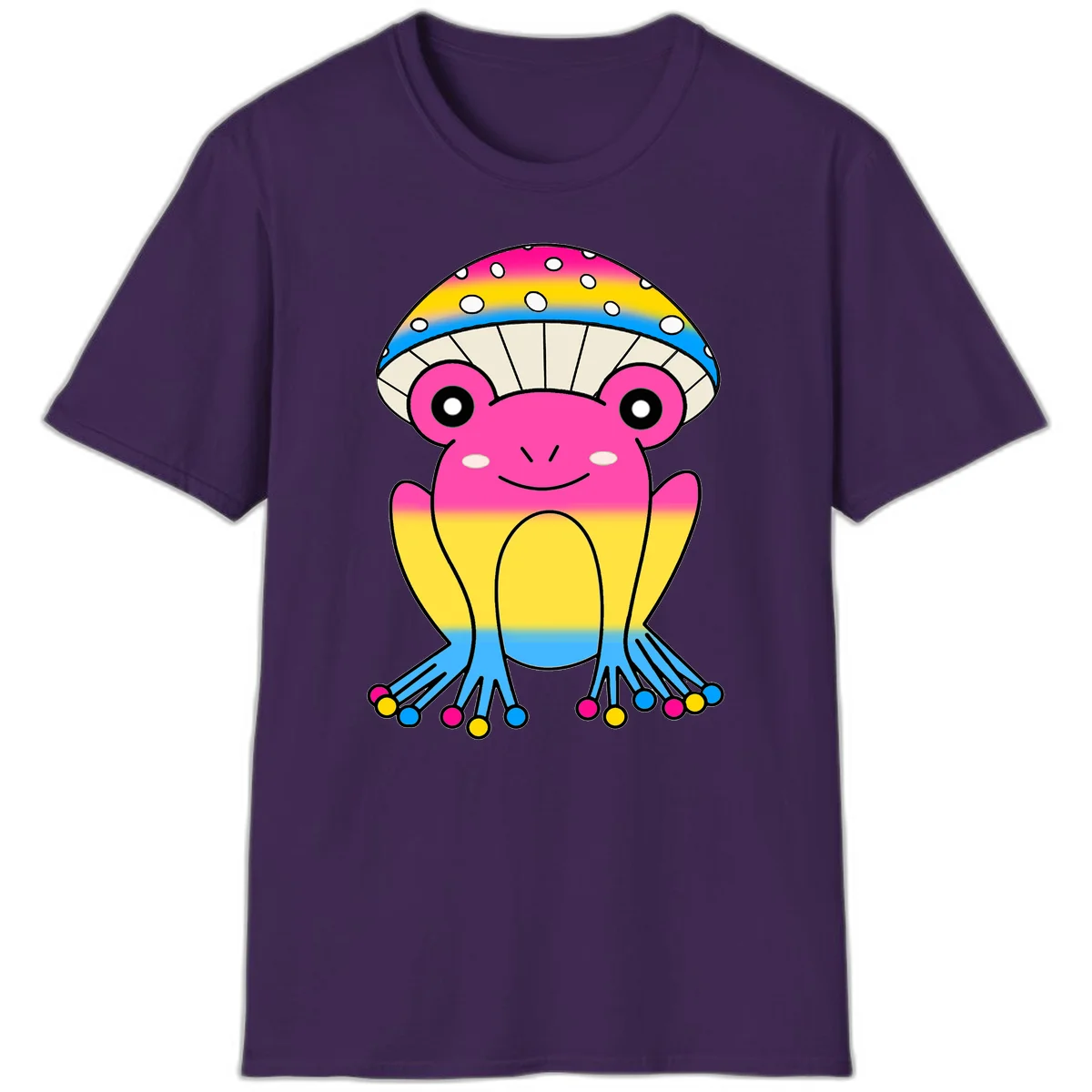 Smiling rainbow jellyfish character with magenta body, gradient stripes, large eyes, and colorful polka-dot tentacles in Purple