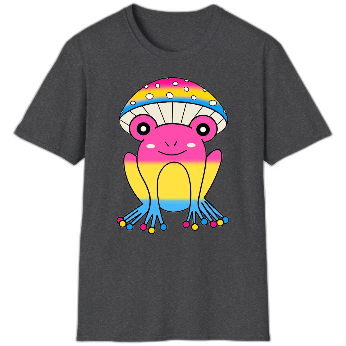 Smiling rainbow jellyfish character with magenta body, gradient stripes, large eyes, and colorful polka-dot tentacles in Dark Heather