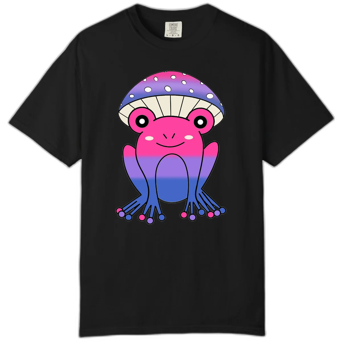 Cute smiling frog character with rainbow gradient body and polka-dotted mushroom cap umbrella design in Black