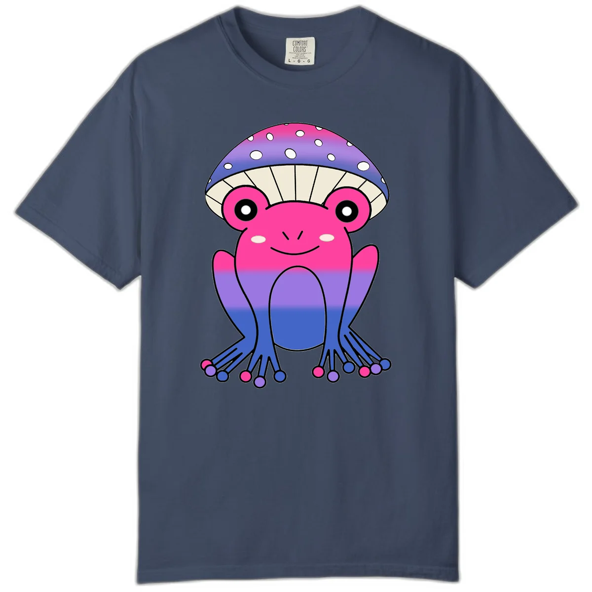 Cute smiling frog character with rainbow gradient body and polka-dotted mushroom cap umbrella design in Midnight