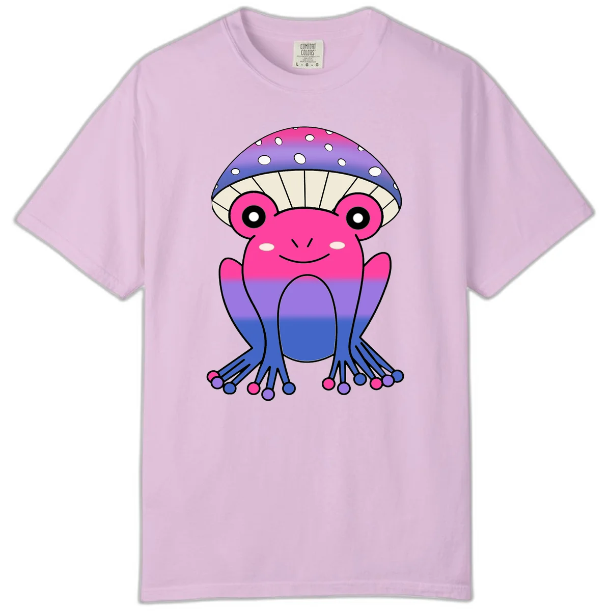 Cute smiling frog character with rainbow gradient body and polka-dotted mushroom cap umbrella design in Orchid