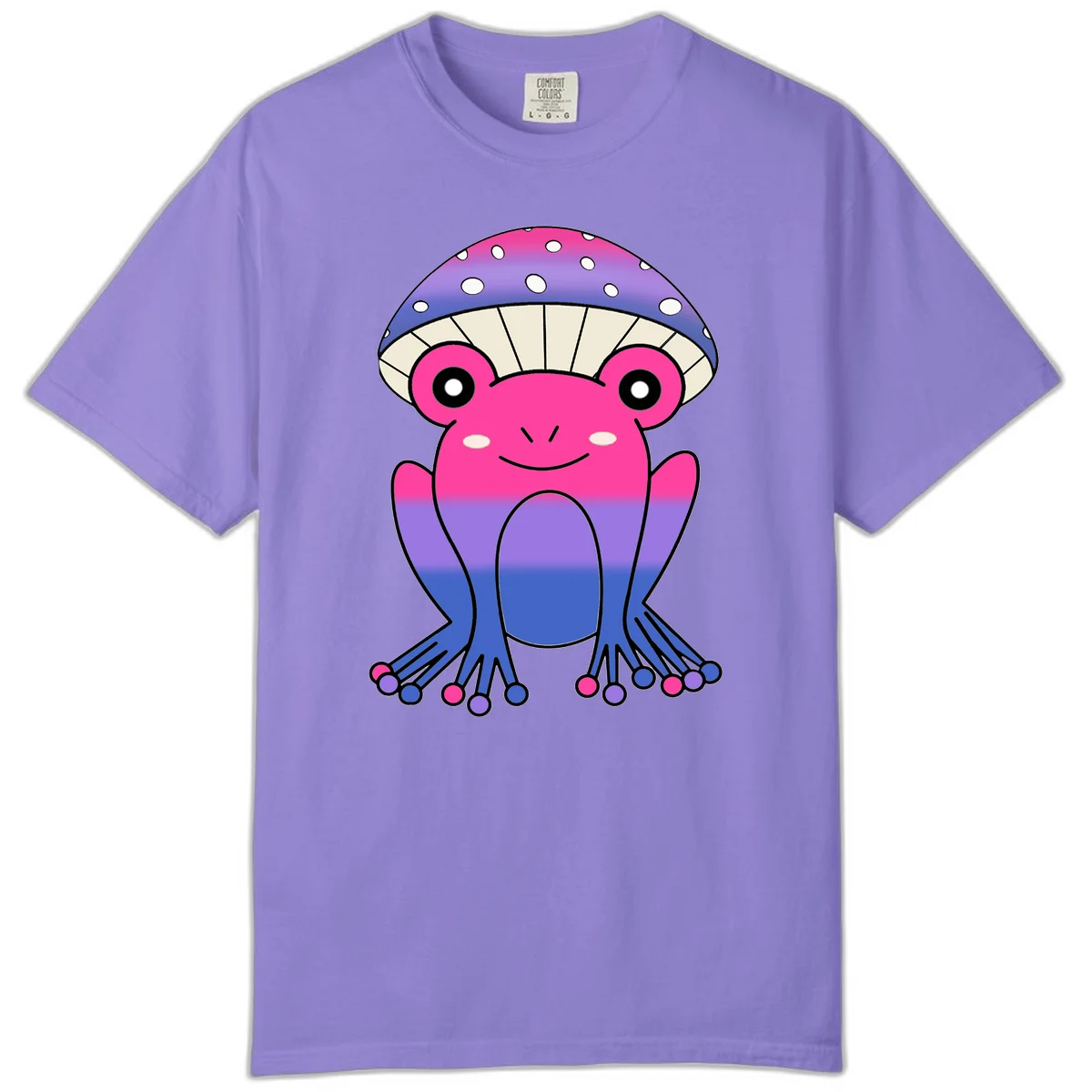 Cute smiling frog character with rainbow gradient body and polka-dotted mushroom cap umbrella design in Violet