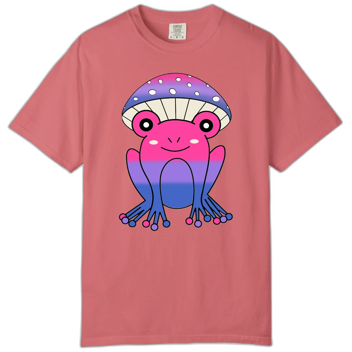Cute smiling frog character with rainbow gradient body and polka-dotted mushroom cap umbrella design in Watermelon
