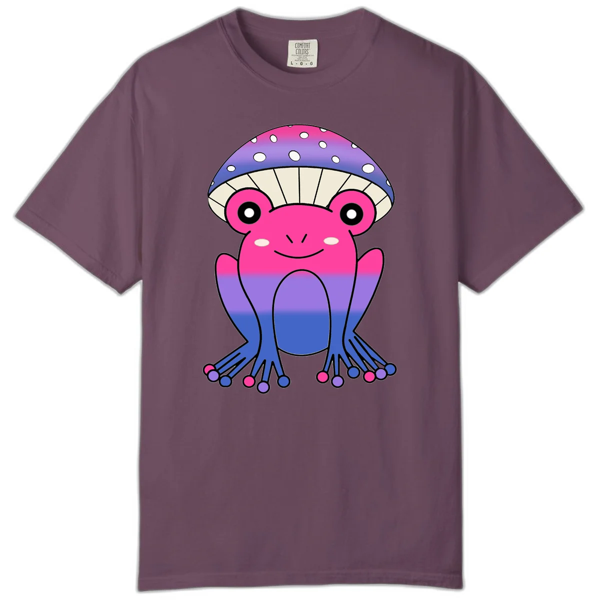 Cute smiling frog character with rainbow gradient body and polka-dotted mushroom cap umbrella design in Berry
