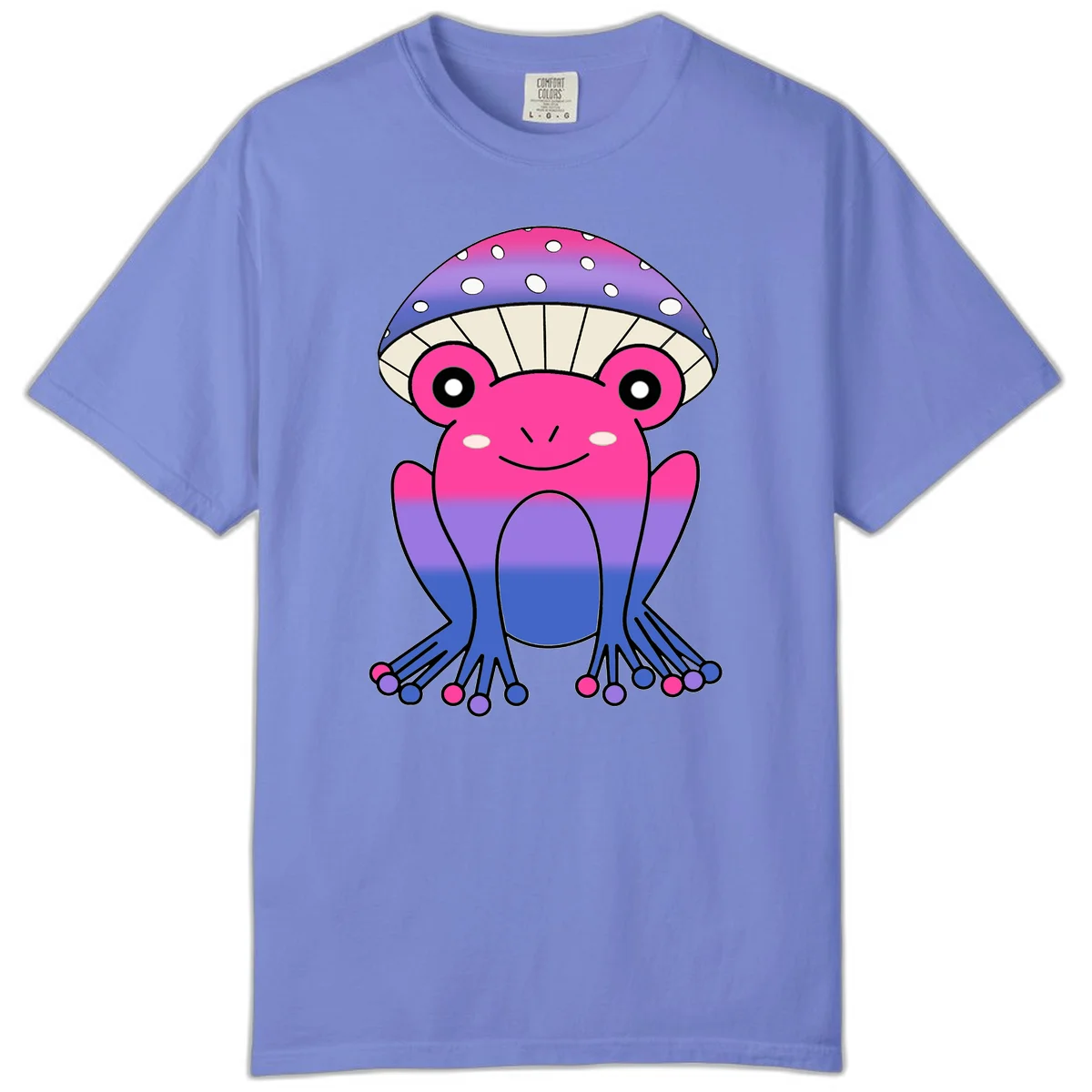 Cute smiling frog character with rainbow gradient body and polka-dotted mushroom cap umbrella design in Flo Blue