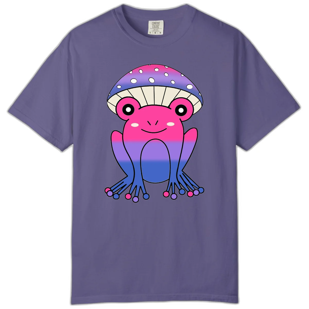 Cute smiling frog character with rainbow gradient body and polka-dotted mushroom cap umbrella design in Grape