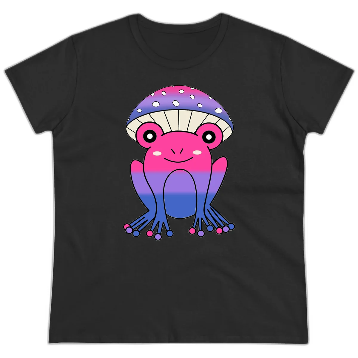 Cute smiling frog character with rainbow gradient body and polka-dotted mushroom cap umbrella design in Black