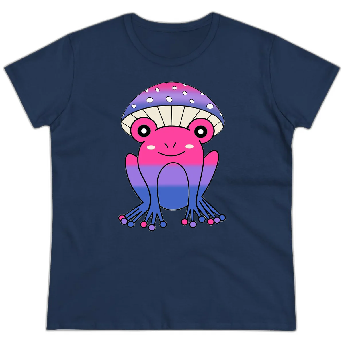 Cute smiling frog character with rainbow gradient body and polka-dotted mushroom cap umbrella design in Navy