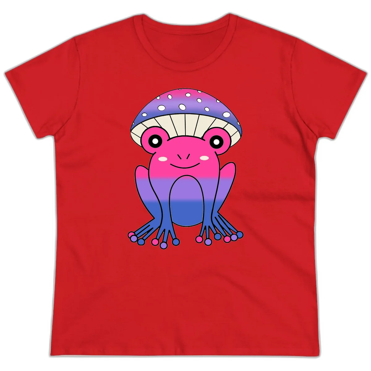 Cute smiling frog character with rainbow gradient body and polka-dotted mushroom cap umbrella design in Red