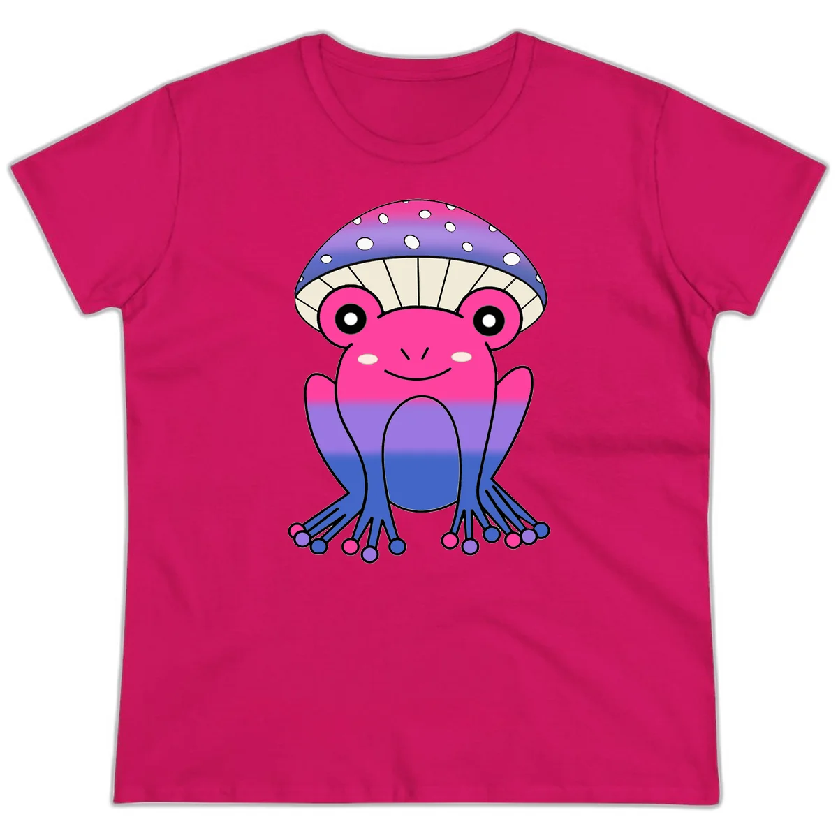 Cute smiling frog character with rainbow gradient body and polka-dotted mushroom cap umbrella design in Heliconia