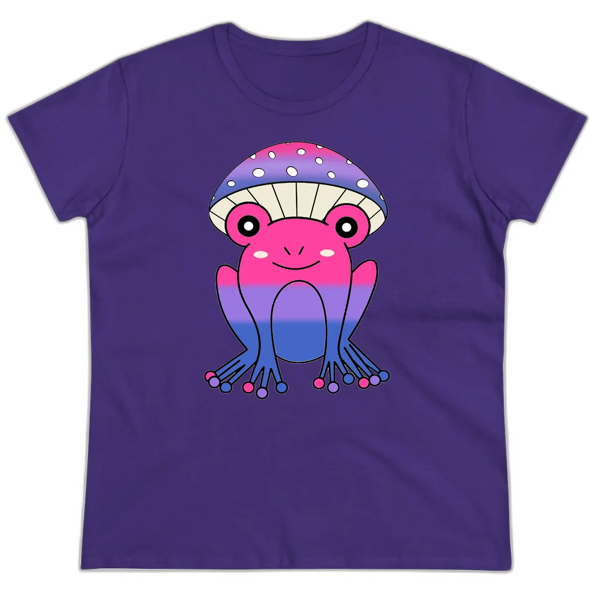 Cute smiling frog character with rainbow gradient body and polka-dotted mushroom cap umbrella design in Purple