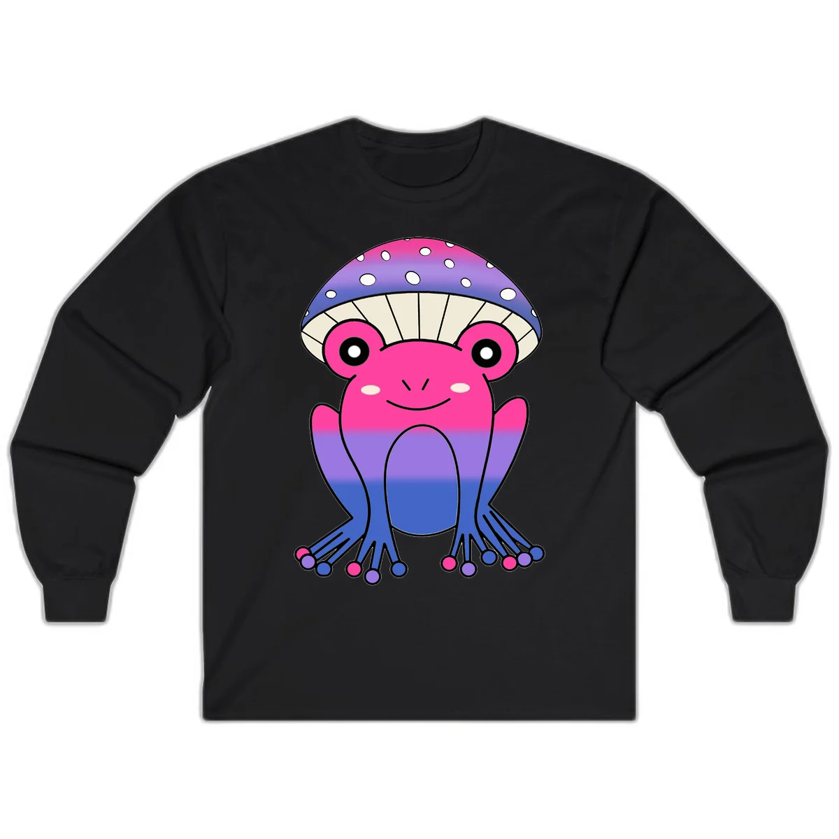 Cute smiling frog character with rainbow gradient body and polka-dotted mushroom cap umbrella design in Black