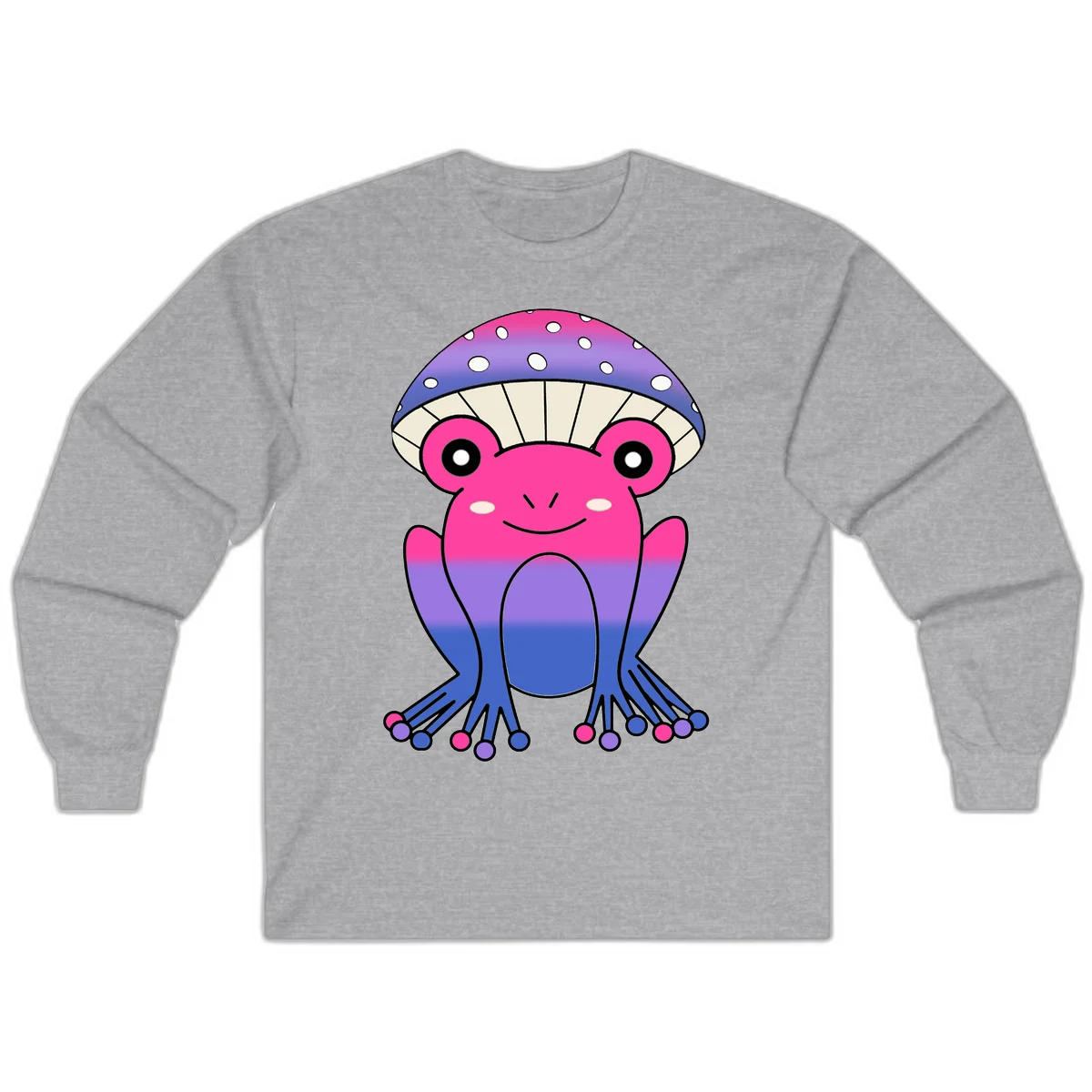 Cute smiling frog character with rainbow gradient body and polka-dotted mushroom cap umbrella design in Sport Grey