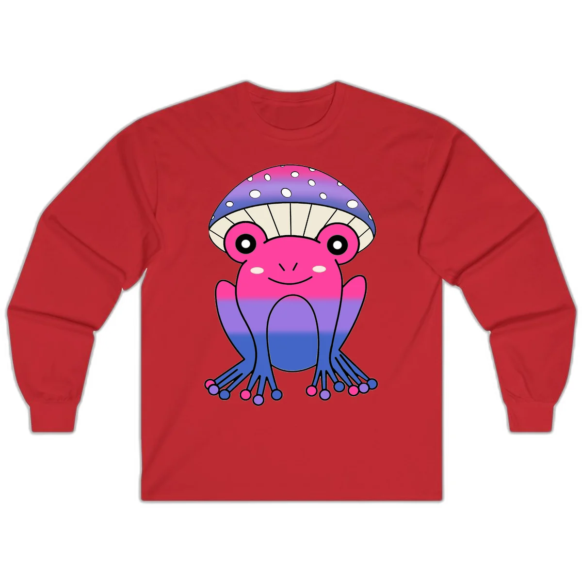 Cute smiling frog character with rainbow gradient body and polka-dotted mushroom cap umbrella design in Red