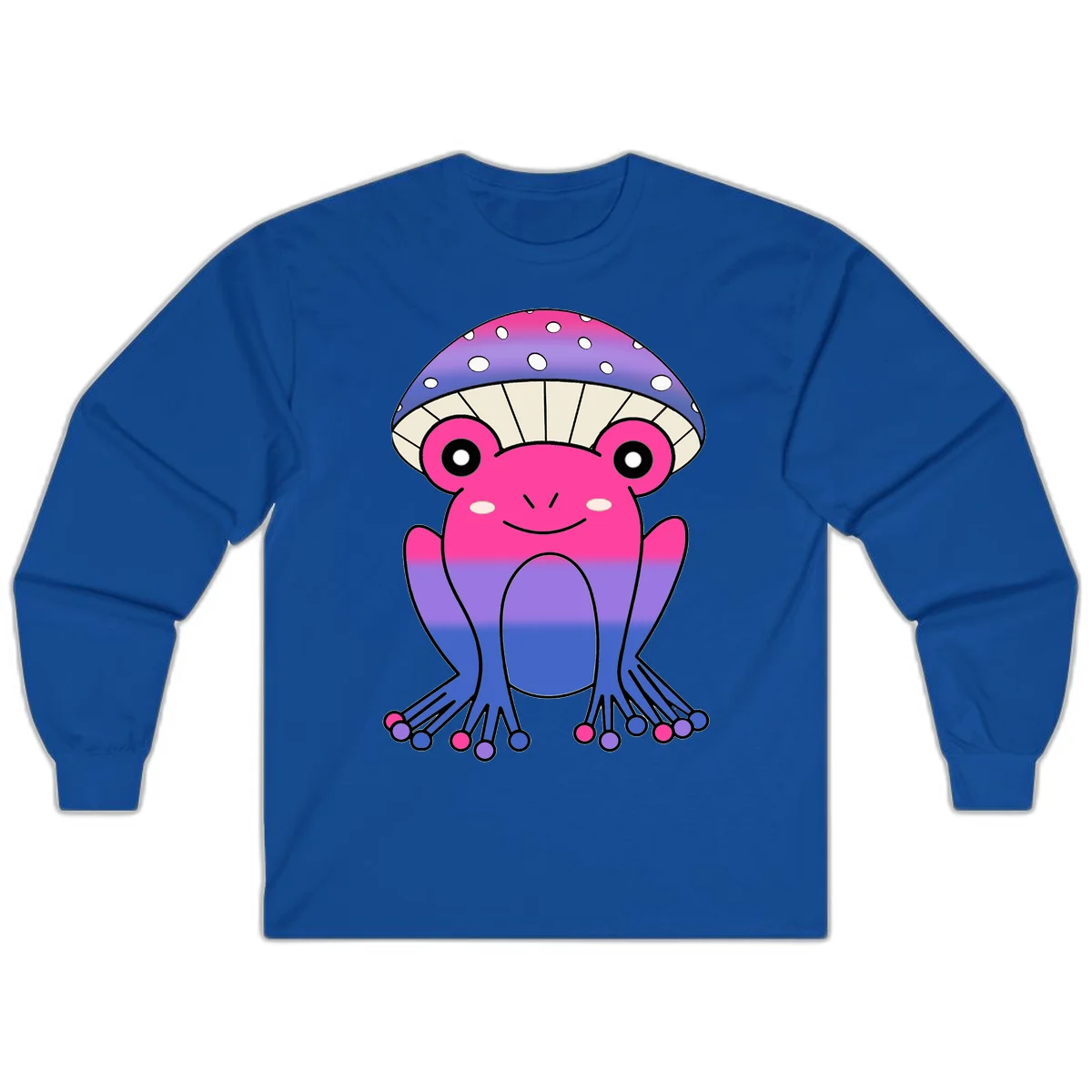 Cute smiling frog character with rainbow gradient body and polka-dotted mushroom cap umbrella design in Royal