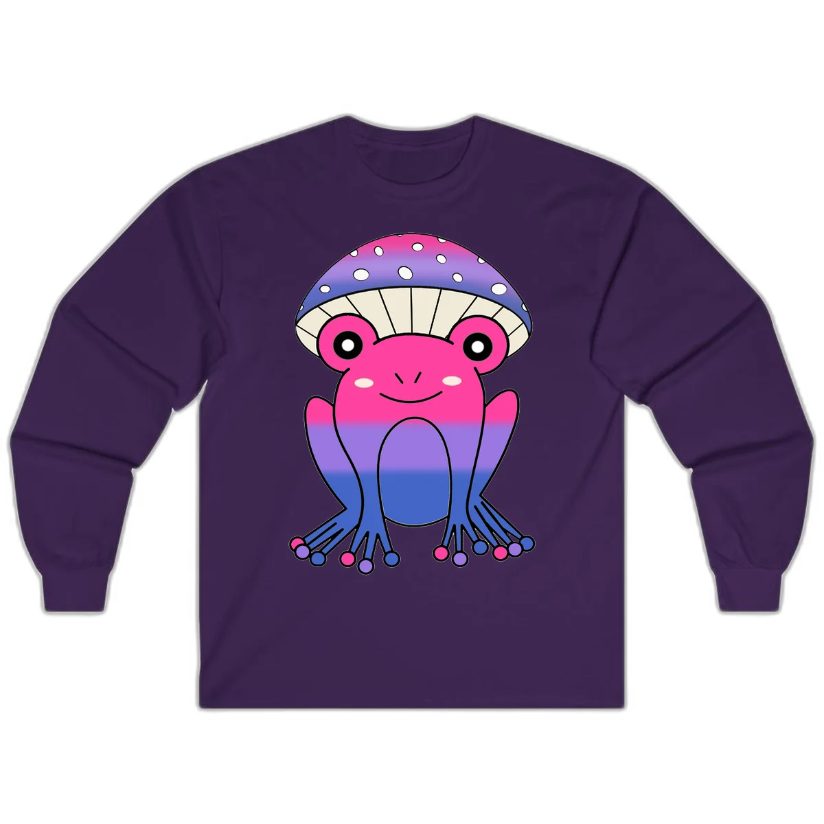 Cute smiling frog character with rainbow gradient body and polka-dotted mushroom cap umbrella design in Purple