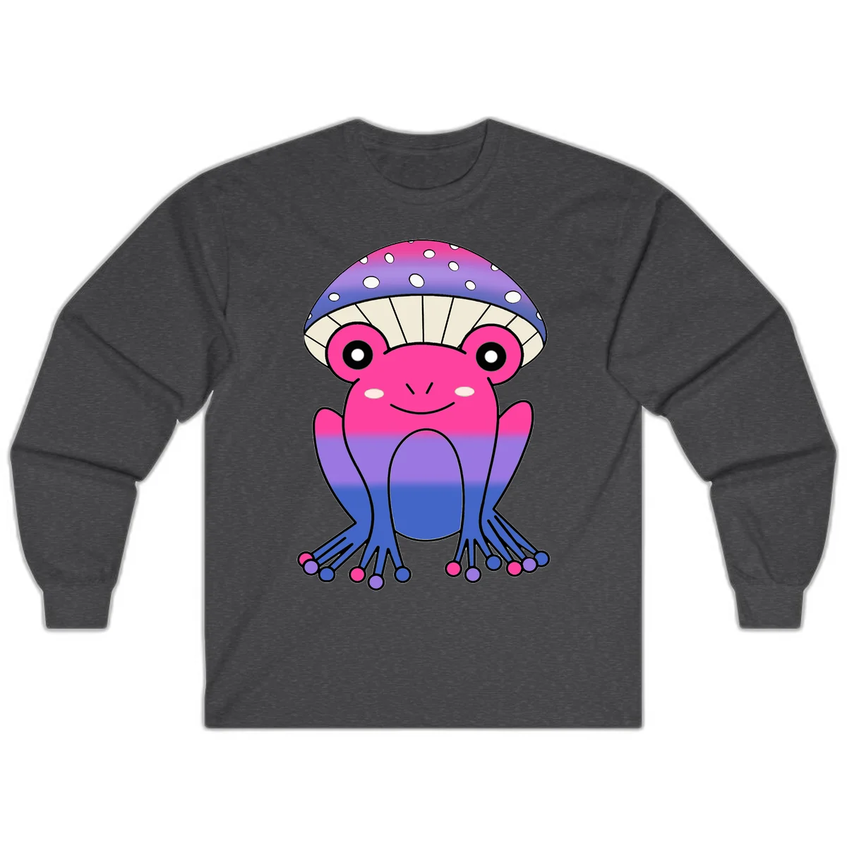 Cute smiling frog character with rainbow gradient body and polka-dotted mushroom cap umbrella design in Dark Heather