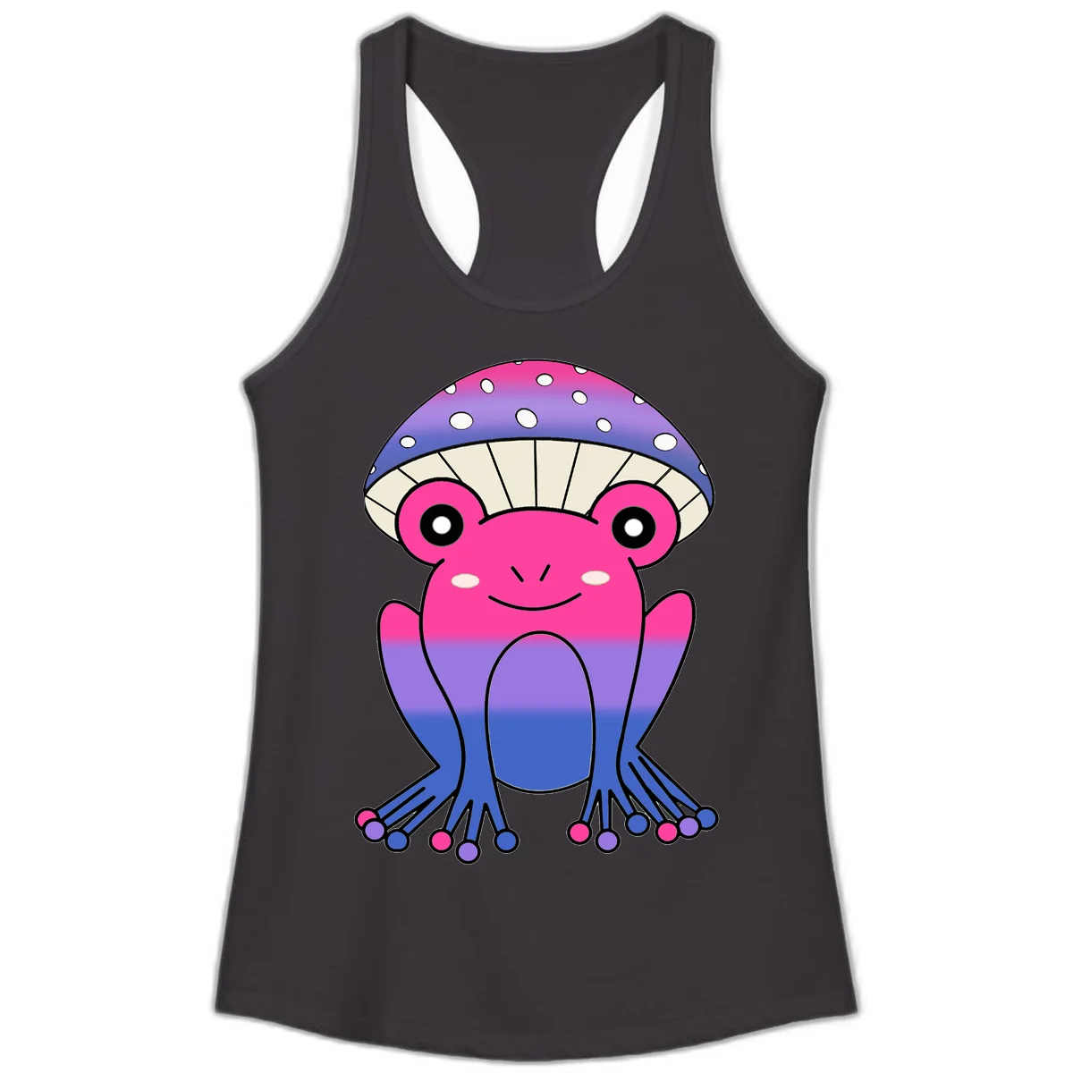 Cute smiling frog character with rainbow gradient body and polka-dotted mushroom cap umbrella design in Black