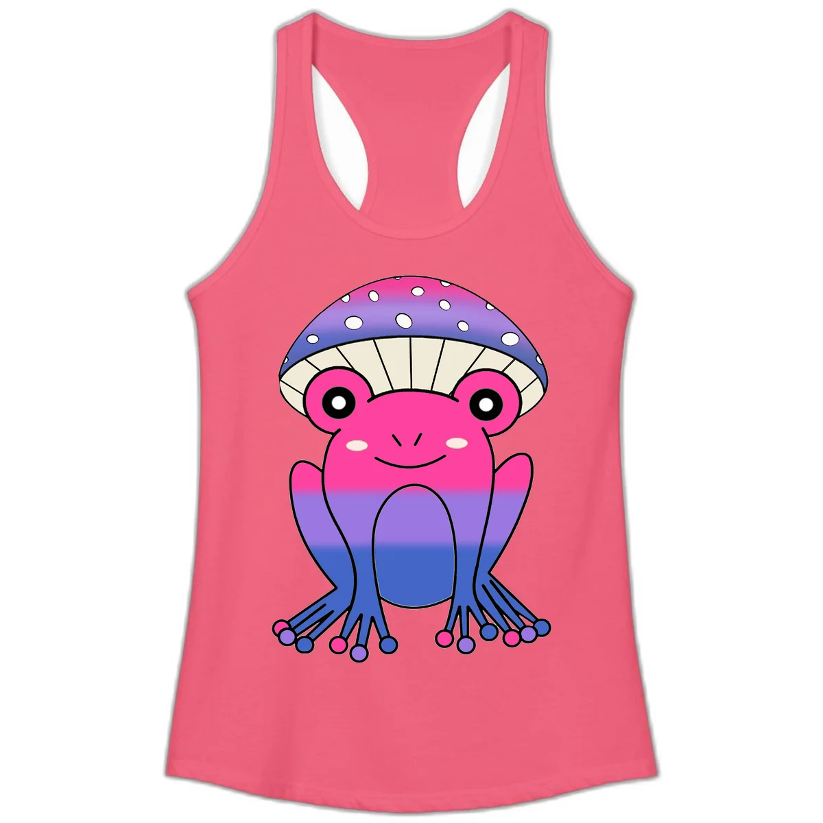 Cute smiling frog character with rainbow gradient body and polka-dotted mushroom cap umbrella design in Hot Pink