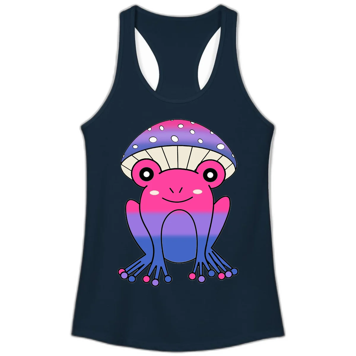 Cute smiling frog character with rainbow gradient body and polka-dotted mushroom cap umbrella design in Solid Midnight Navy