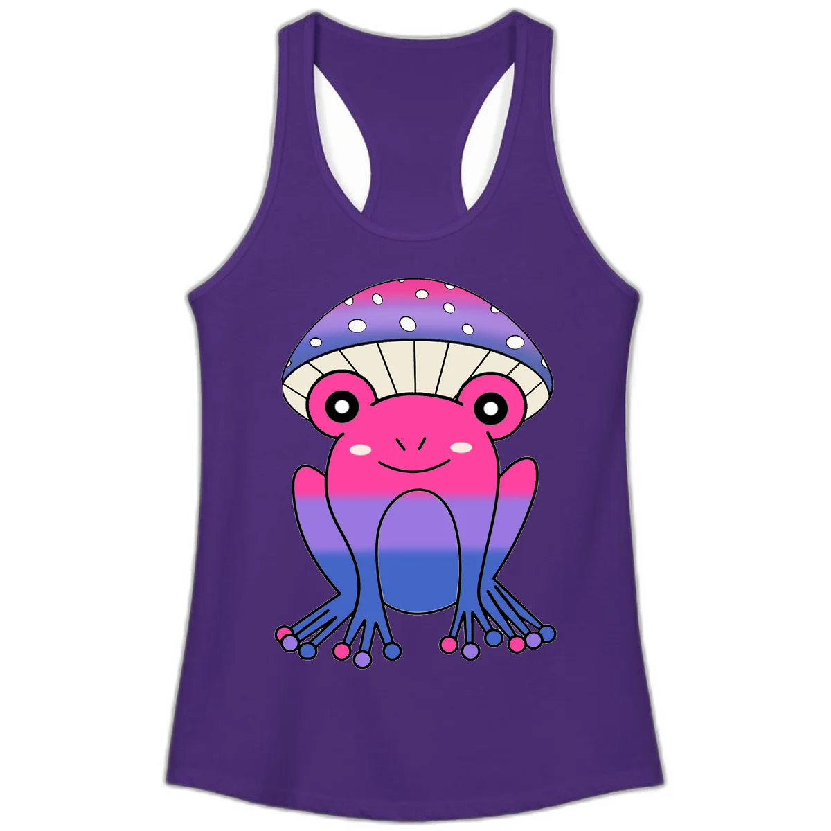 Cute smiling frog character with rainbow gradient body and polka-dotted mushroom cap umbrella design in Solid Purple Rush