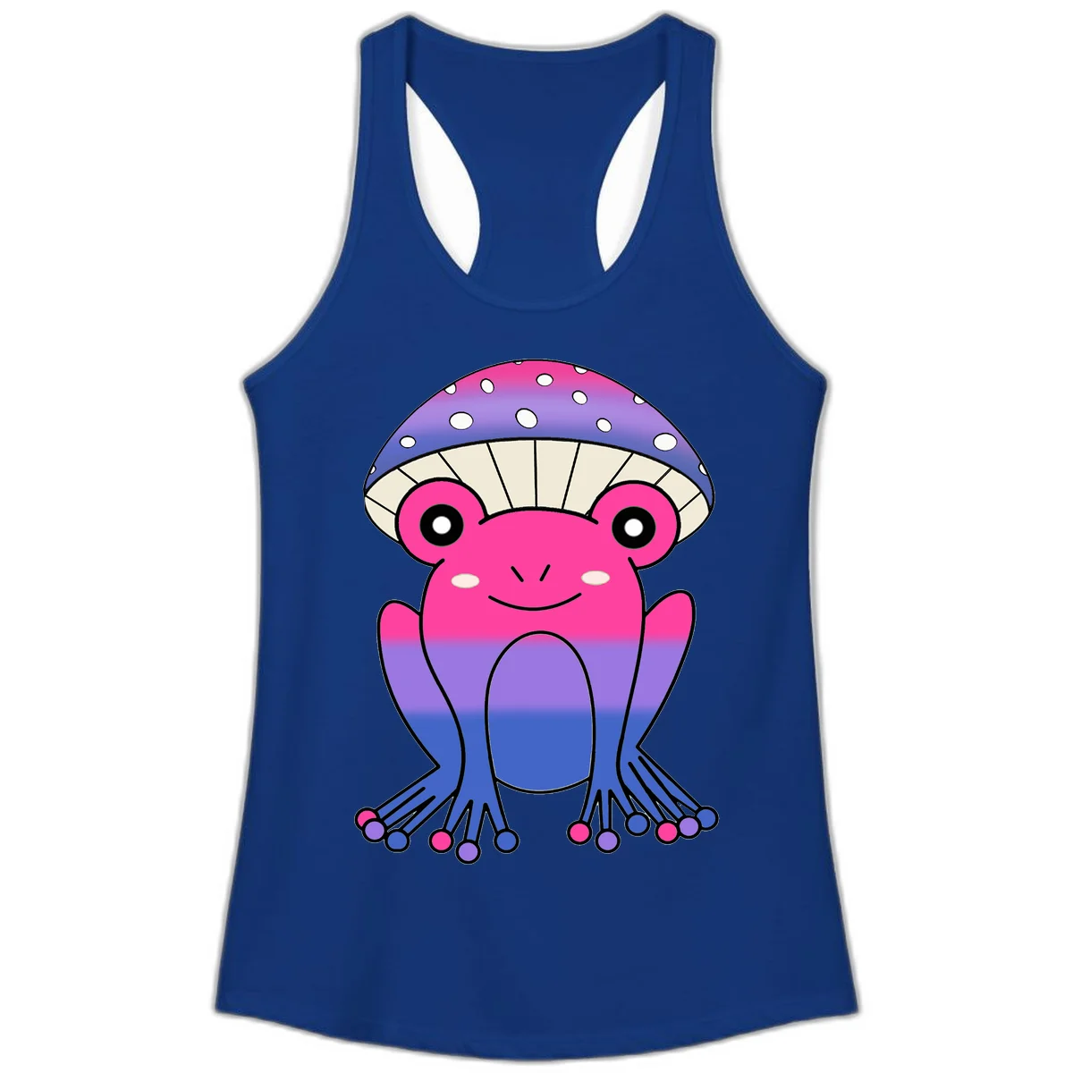 Cute smiling frog character with rainbow gradient body and polka-dotted mushroom cap umbrella design in Solid Royal