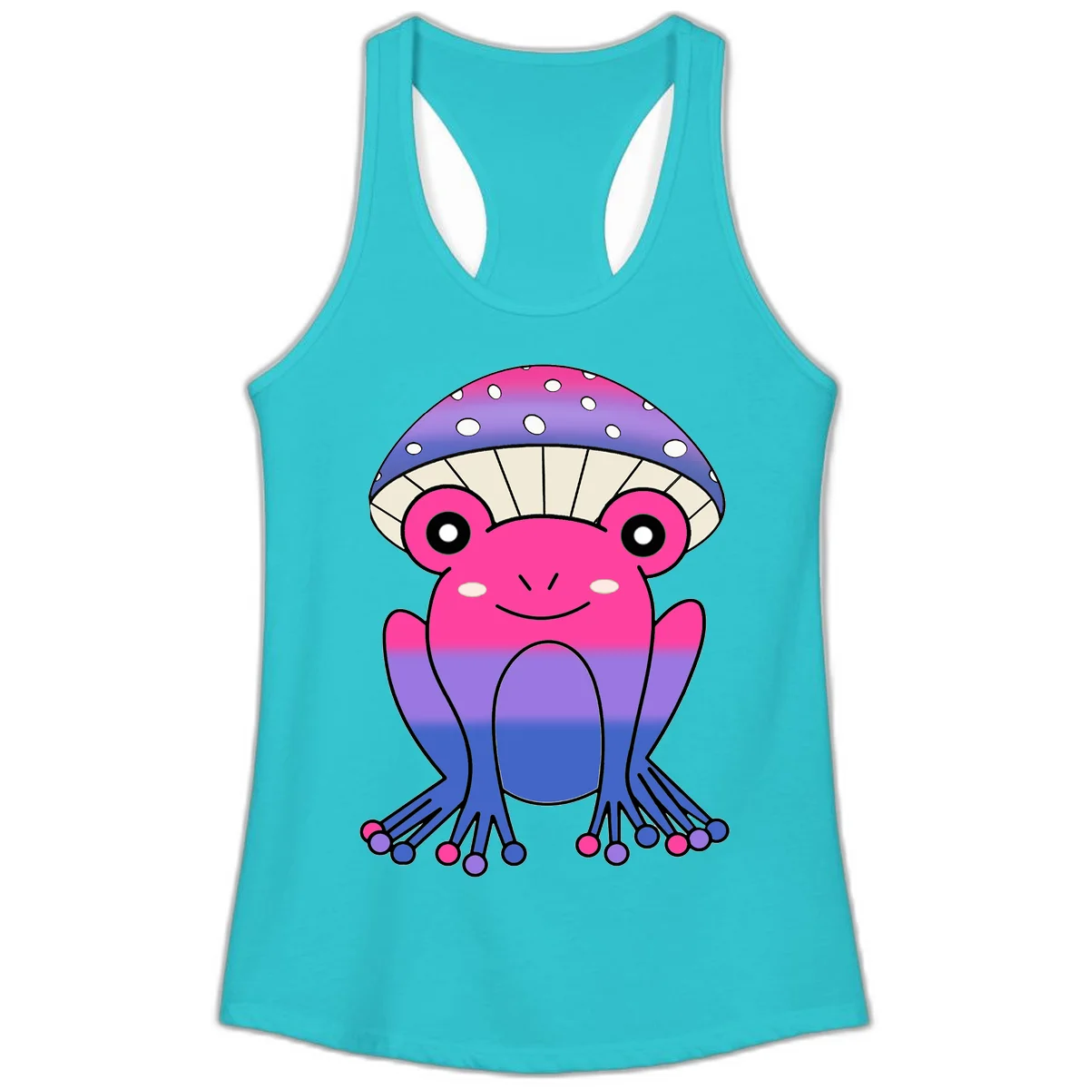 Cute smiling frog character with rainbow gradient body and polka-dotted mushroom cap umbrella design in Solid Tahiti Blue