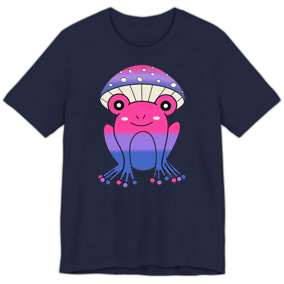 Cute smiling frog character with rainbow gradient body and polka-dotted mushroom cap umbrella design in Navy
