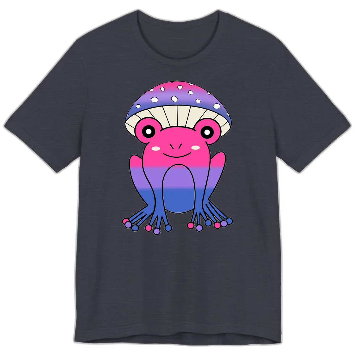 Cute smiling frog character with rainbow gradient body and polka-dotted mushroom cap umbrella design in Heather Midnight Navy