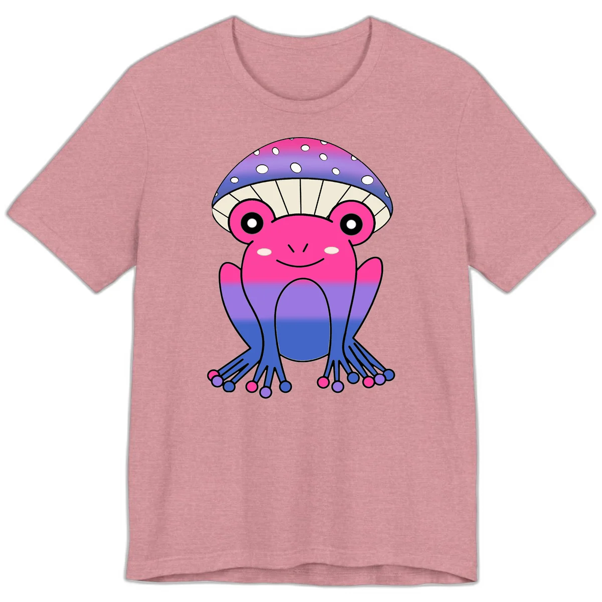 Cute smiling frog character with rainbow gradient body and polka-dotted mushroom cap umbrella design in Heather Orchid
