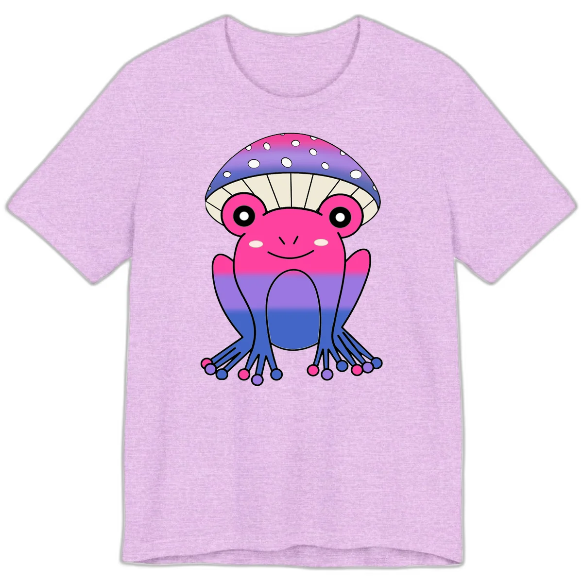 Cute smiling frog character with rainbow gradient body and polka-dotted mushroom cap umbrella design in Heather Prism Lilac