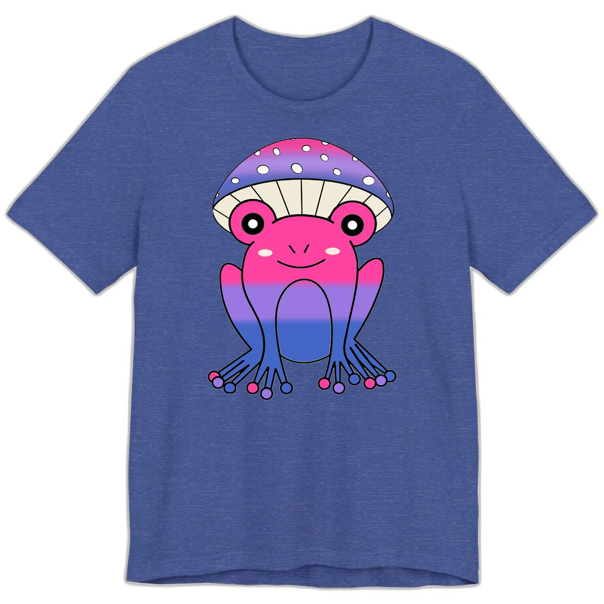 Cute smiling frog character with rainbow gradient body and polka-dotted mushroom cap umbrella design in Heather True Royal