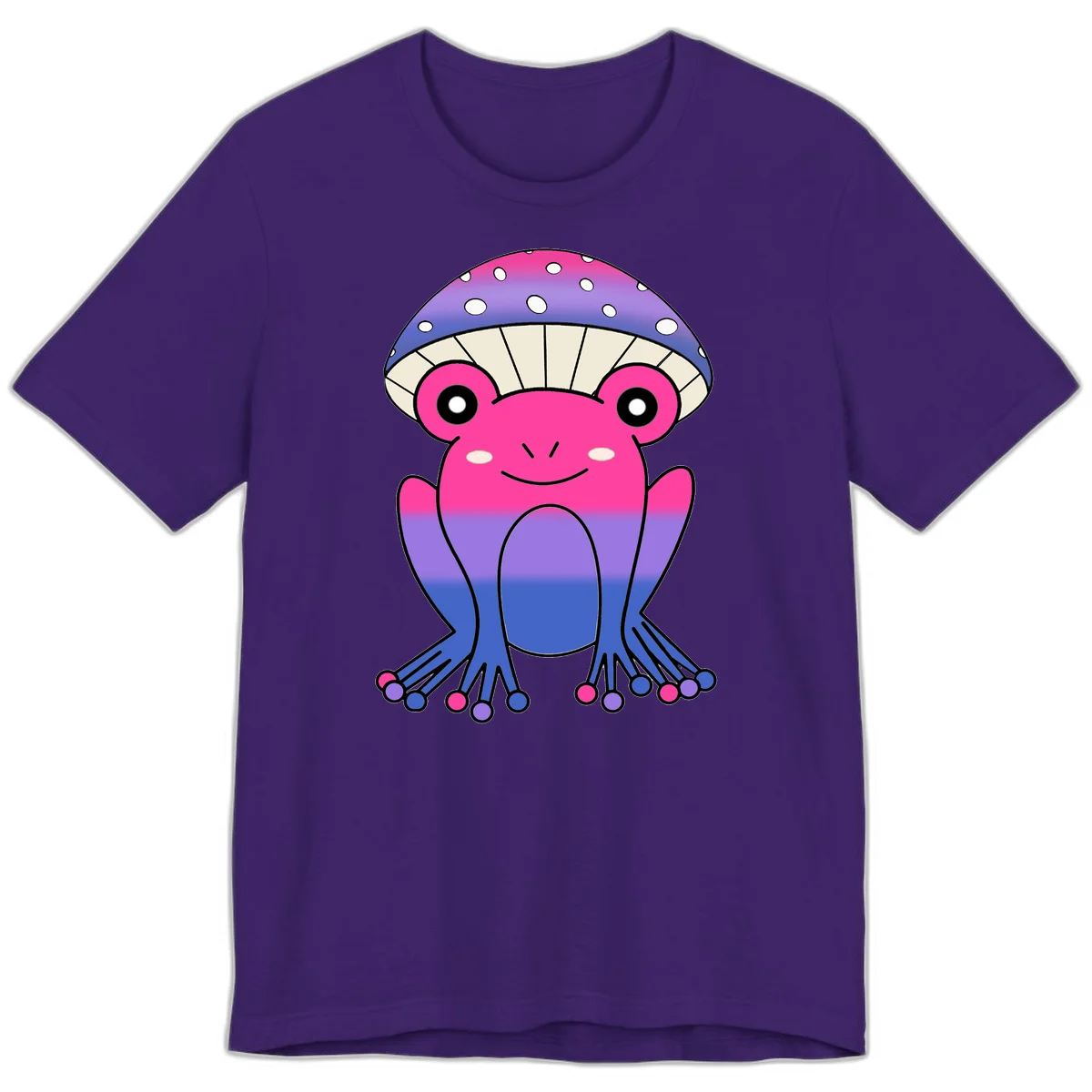 Cute smiling frog character with rainbow gradient body and polka-dotted mushroom cap umbrella design in Team Purple