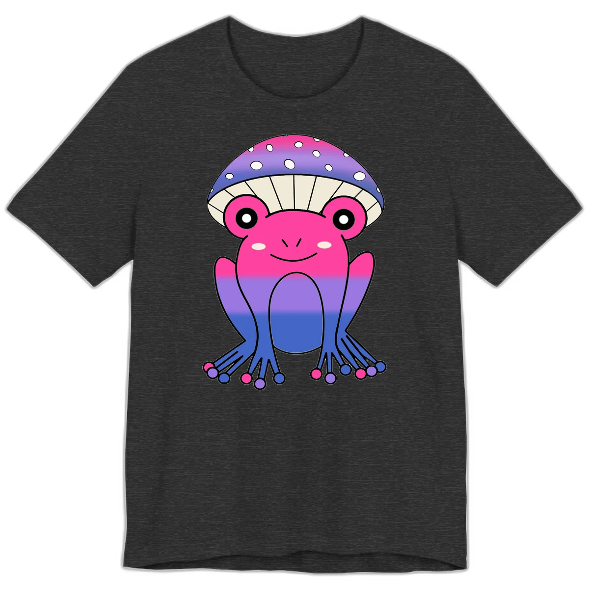 Cute smiling frog character with rainbow gradient body and polka-dotted mushroom cap umbrella design in Dark Grey Heather