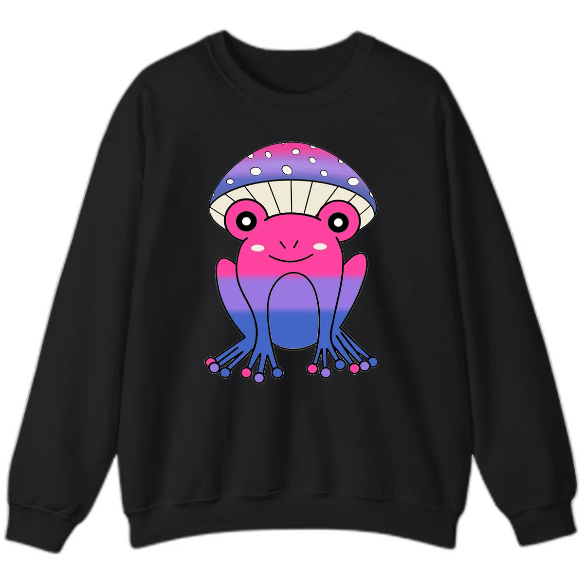 Cute smiling frog character with rainbow gradient body and polka-dotted mushroom cap umbrella design in Black