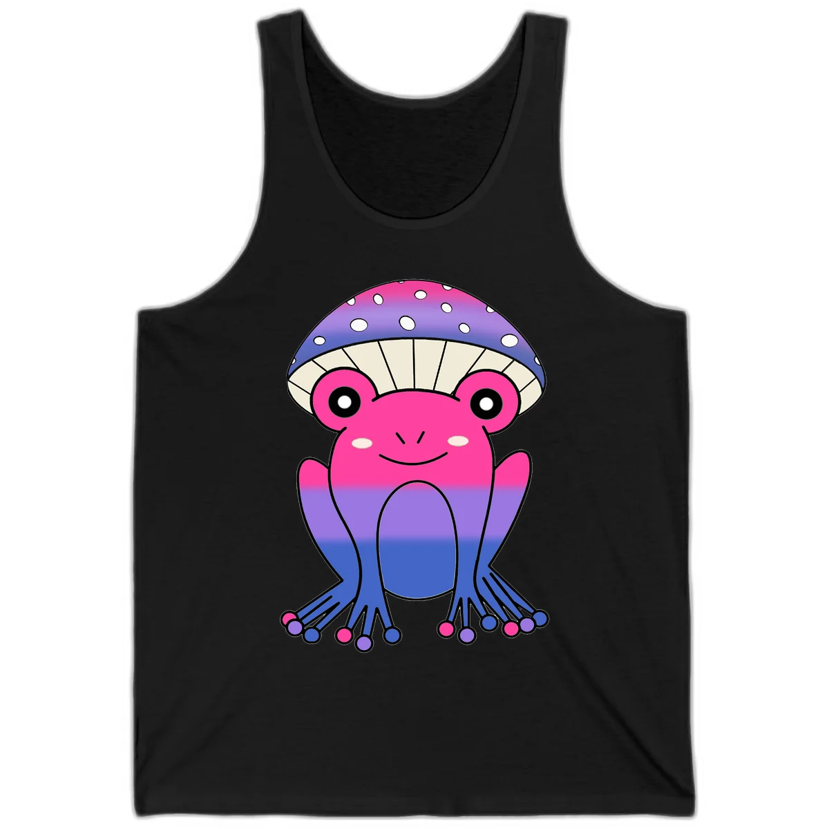 Cute smiling frog character with rainbow gradient body and polka-dotted mushroom cap umbrella design in Black