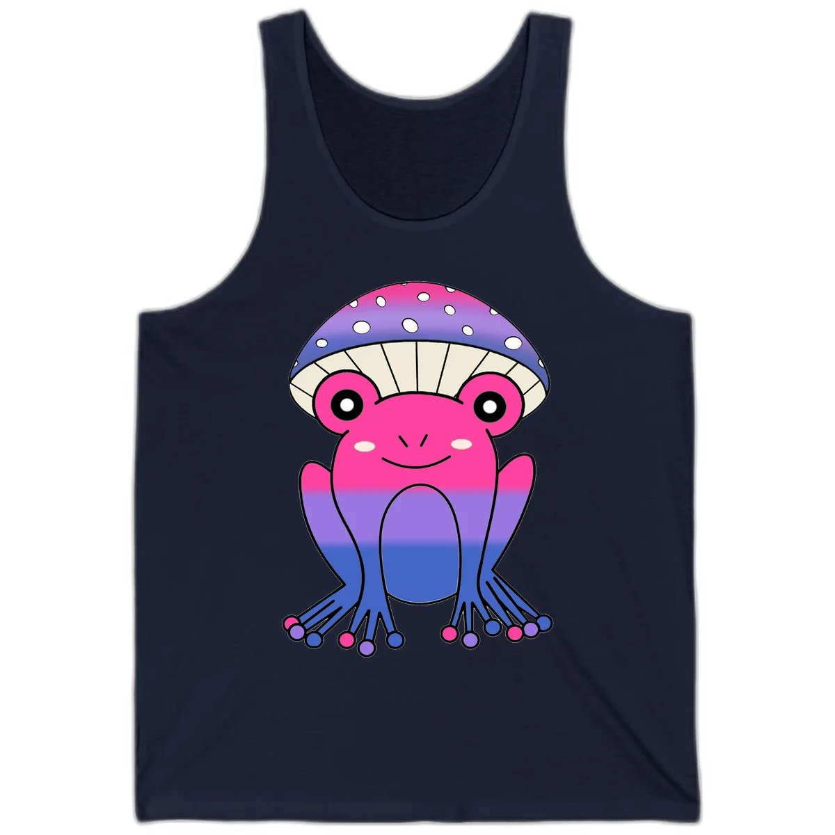 Cute smiling frog character with rainbow gradient body and polka-dotted mushroom cap umbrella design in Navy