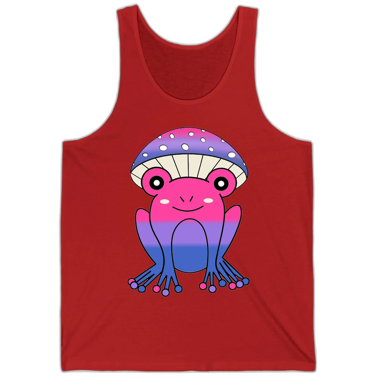 Cute smiling frog character with rainbow gradient body and polka-dotted mushroom cap umbrella design in Red