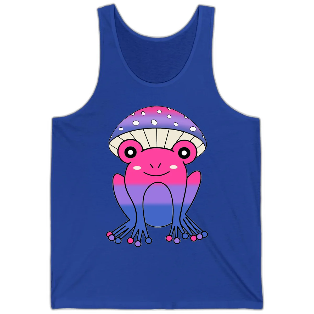 Cute smiling frog character with rainbow gradient body and polka-dotted mushroom cap umbrella design in True Royal