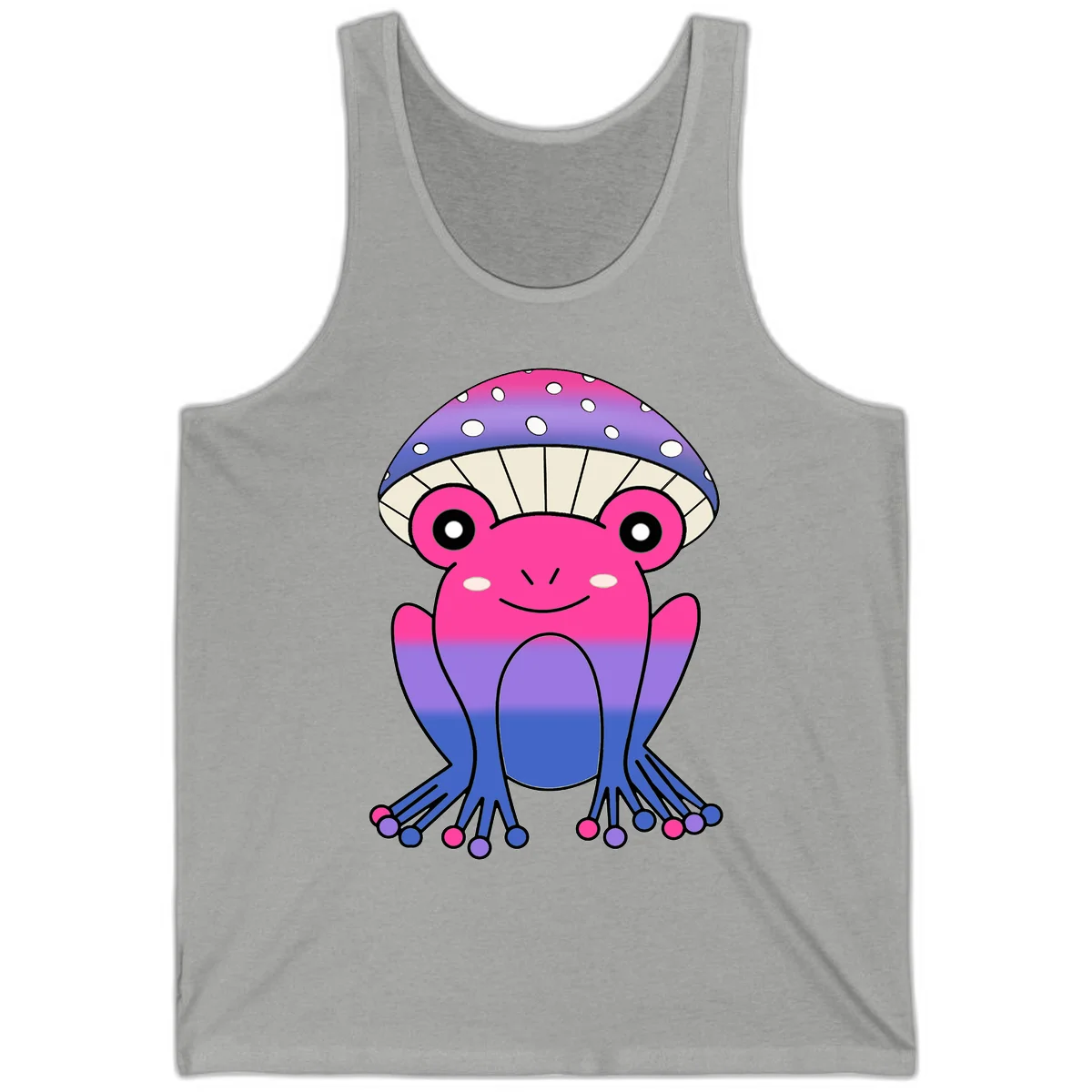Cute smiling frog character with rainbow gradient body and polka-dotted mushroom cap umbrella design in Athletic Heather