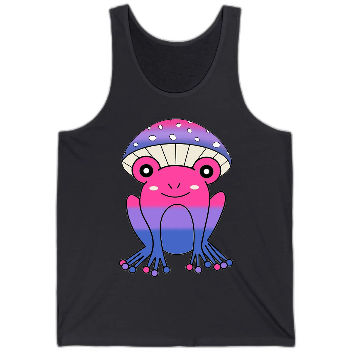 Cute smiling frog character with rainbow gradient body and polka-dotted mushroom cap umbrella design in Dark Grey