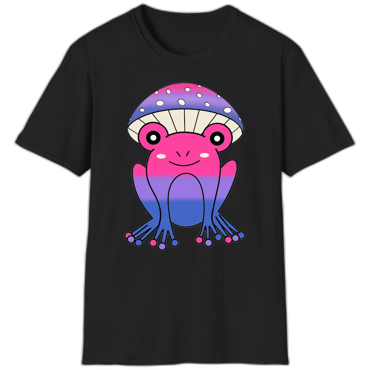 Cute smiling frog character with rainbow gradient body and polka-dotted mushroom cap umbrella design in Black