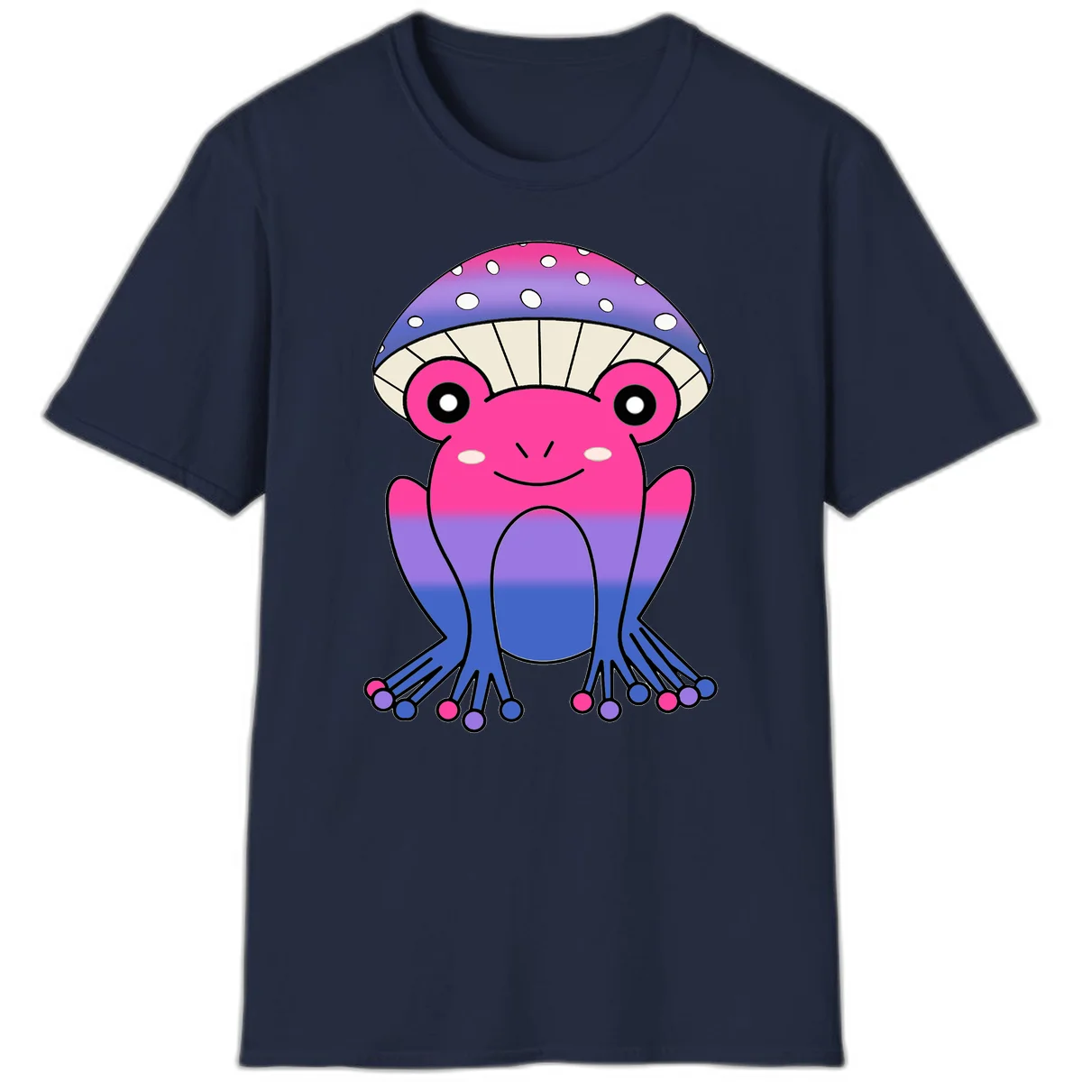 Cute smiling frog character with rainbow gradient body and polka-dotted mushroom cap umbrella design in Navy