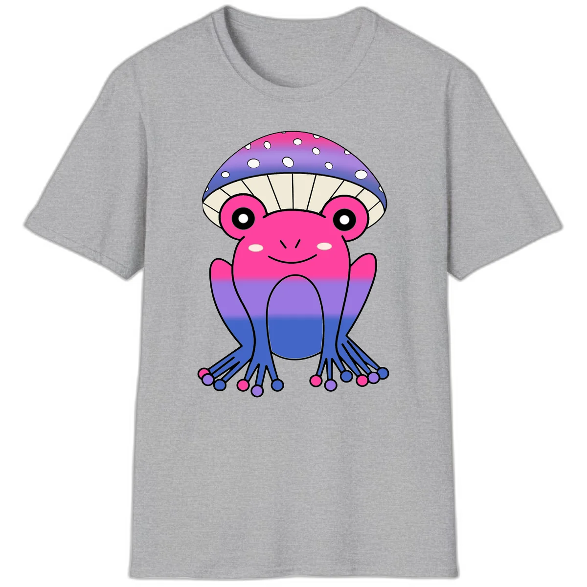 Cute smiling frog character with rainbow gradient body and polka-dotted mushroom cap umbrella design in Sport Grey