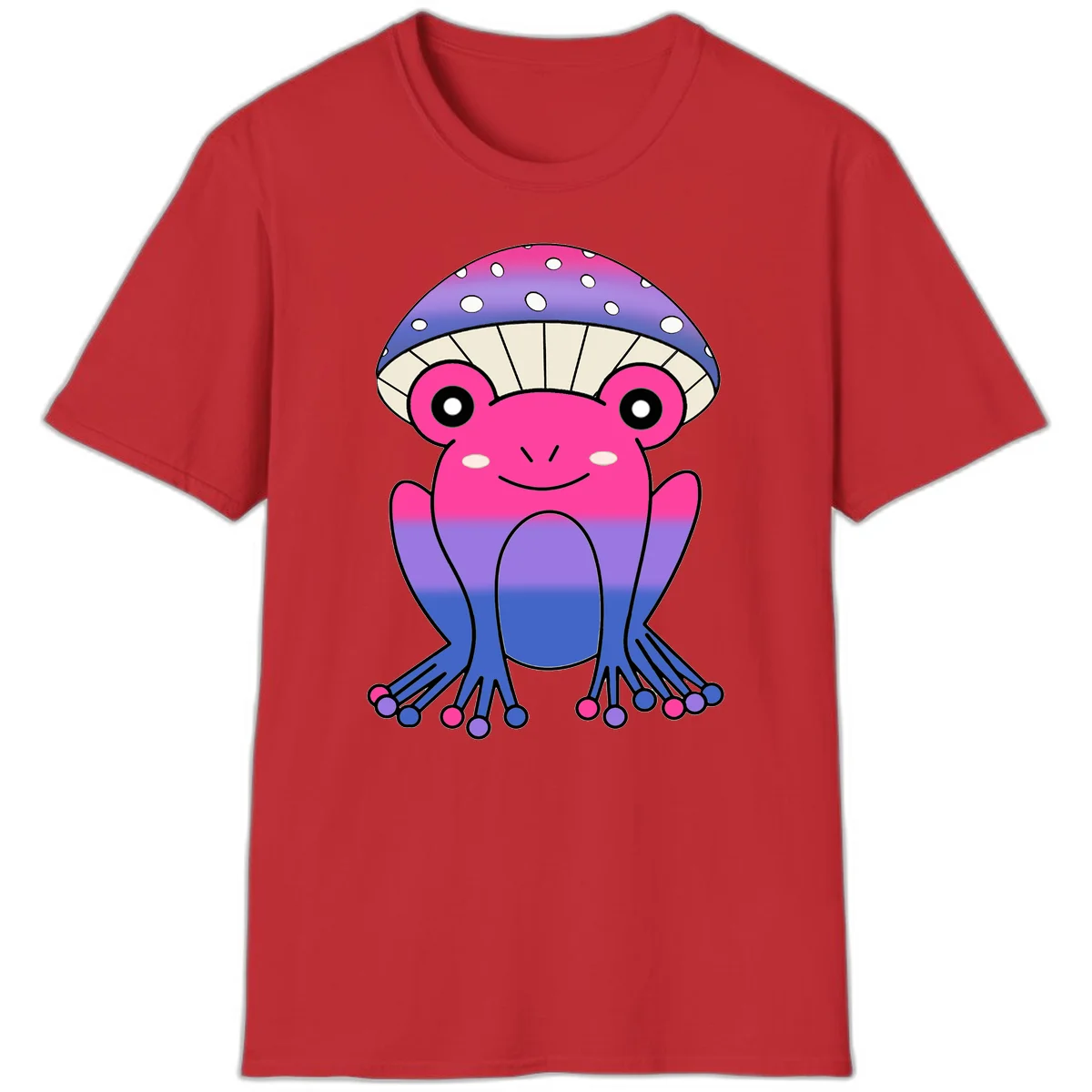Cute smiling frog character with rainbow gradient body and polka-dotted mushroom cap umbrella design in Red